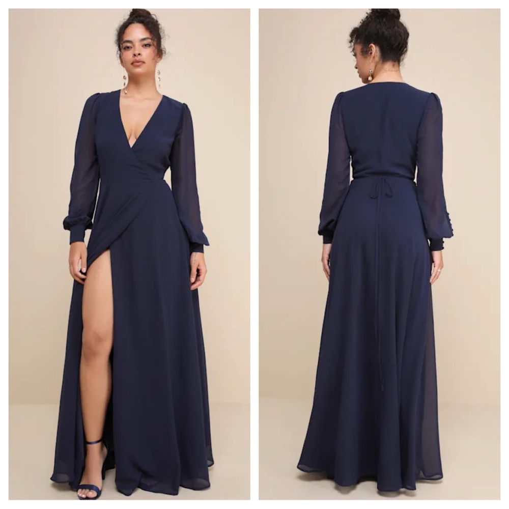 Lulu’s “My Whole Heart” Dark Navy Long Sleeve Wrap Dress